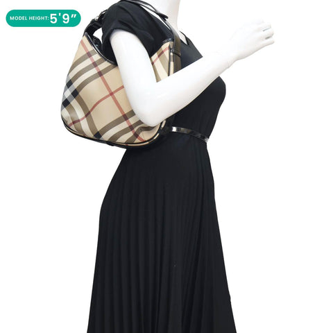 BURBERRY Nova Check Canvas Hobo Bag Black