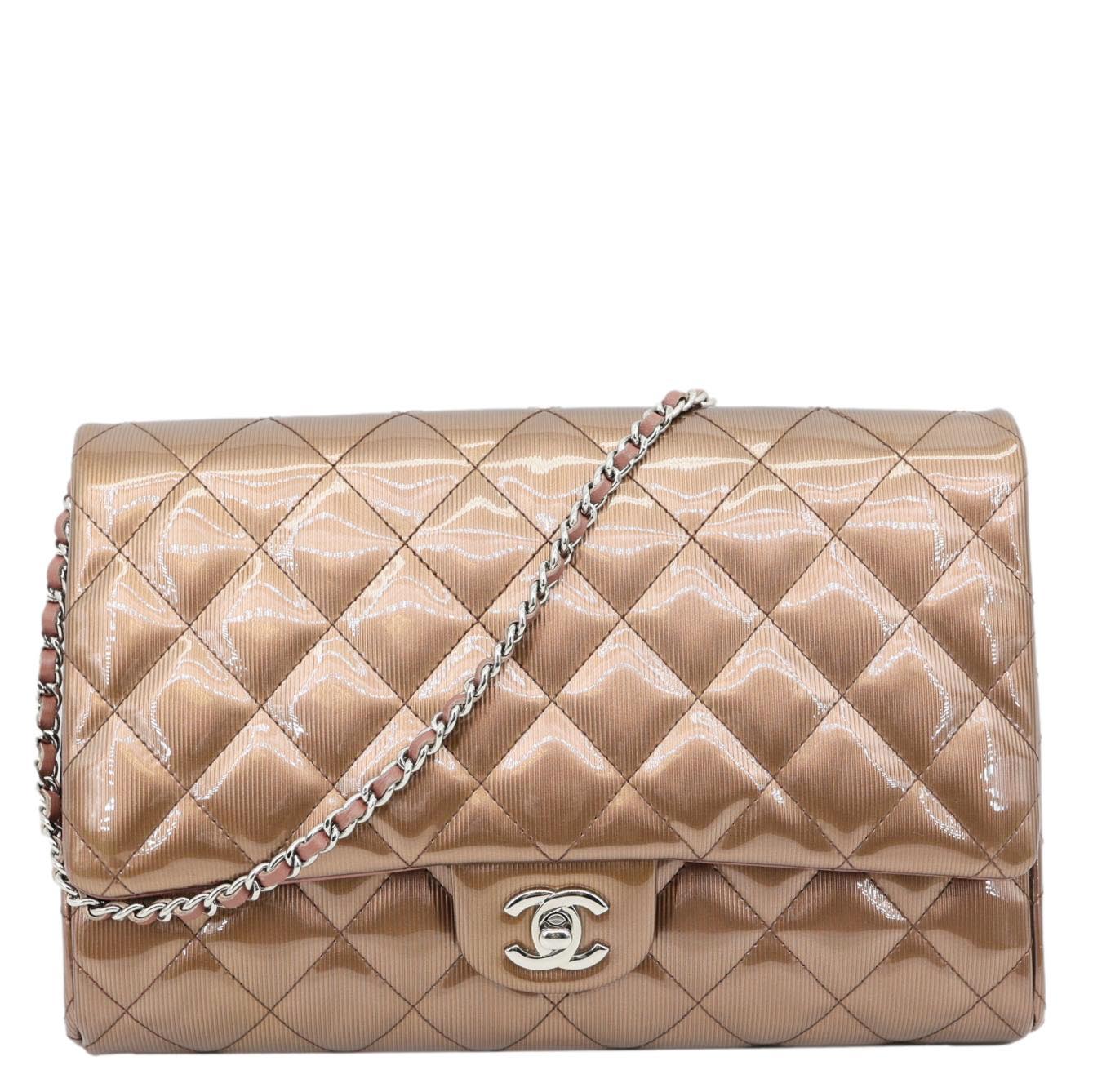 CHANEL Classic Flap Quilted Striated Patent Leather Shoulder Bag Bronze