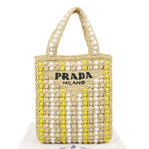 PRADA Embroidered Logo Raffia Wood Bead Tote Bag Multicolor