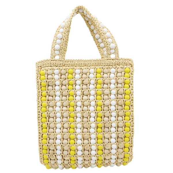 PRADA Embroidered Logo Raffia Wood Bead Tote Bag Multicolor