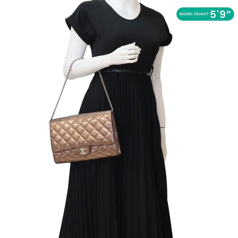 CHANEL Classic Flap Quilted Striated Patent Leather Shoulder Bag Bronze