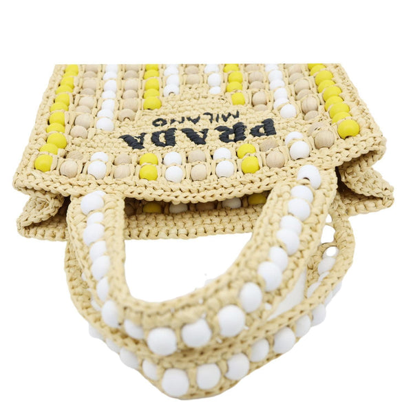 PRADA Embroidered Logo Raffia Wood Bead Tote Bag Multicolor