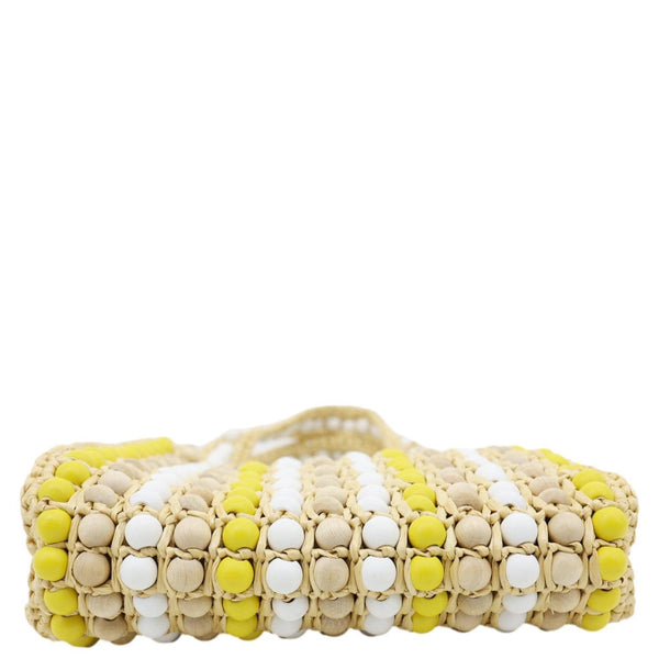 PRADA Embroidered Logo Raffia Wood Bead Tote Bag Multicolor