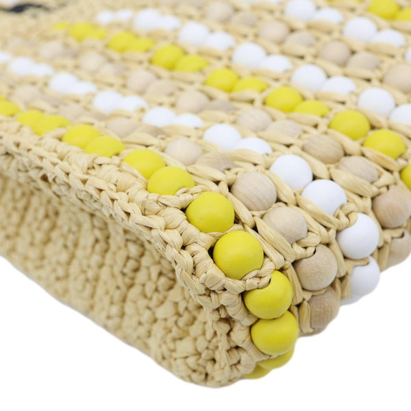 PRADA Embroidered Logo Raffia Wood Bead Tote Bag Multicolor