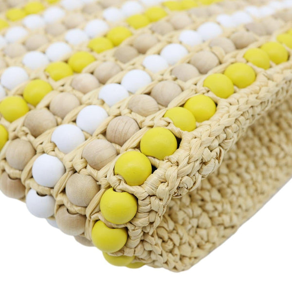 PRADA Embroidered Logo Raffia Wood Bead Tote Bag Multicolor