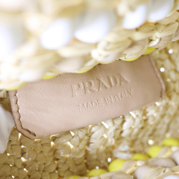 PRADA Embroidered Logo Raffia Wood Bead Tote Bag Multicolor