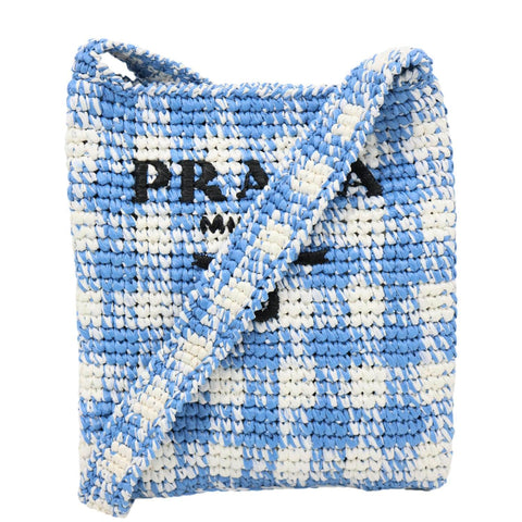PRADA Embroidered Logo Yarn Crochet Tote Bag Blue