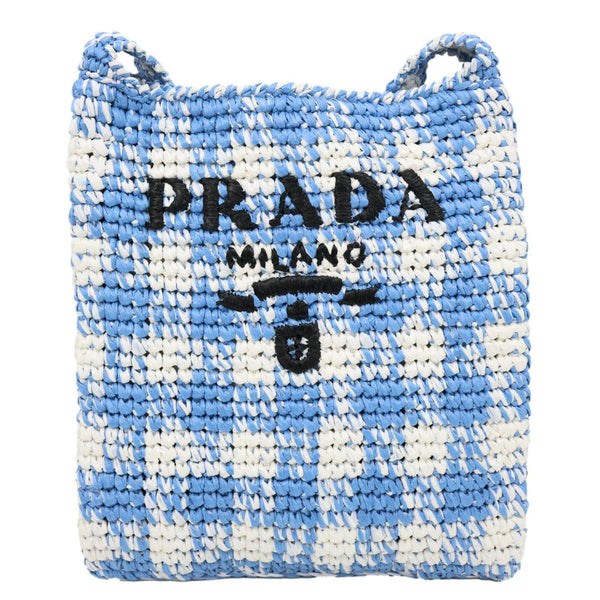 PRADA Embroidered Logo Yarn Crochet Tote Bag Blue