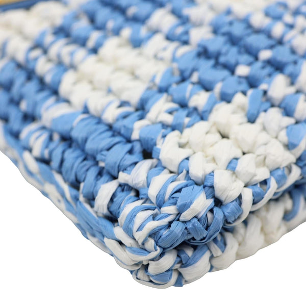 PRADA Embroidered Logo Yarn Crochet Tote Bag Blue