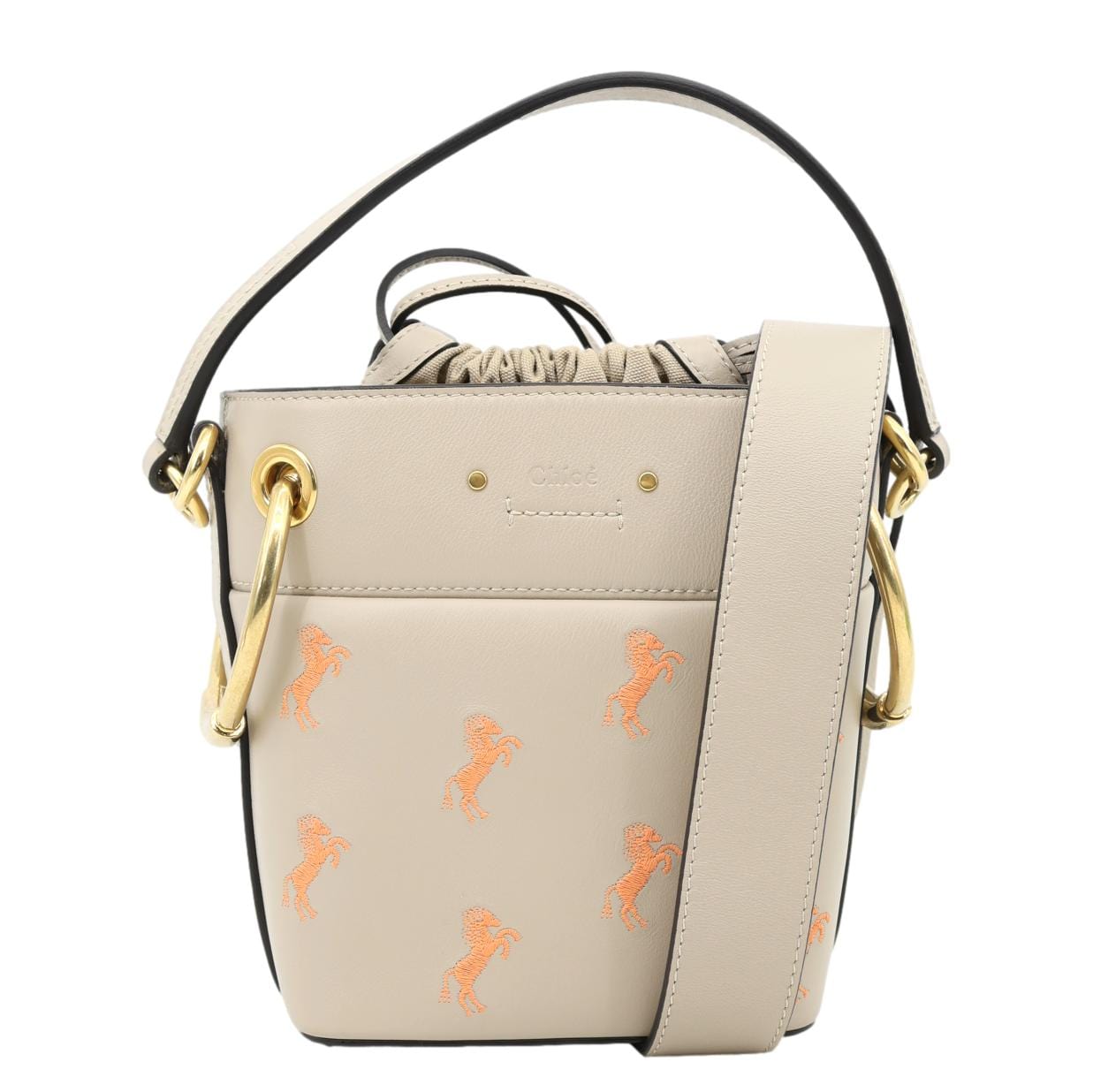 CHLOE Roy Little Horses Embroidered Leather Bucket Bag Beige