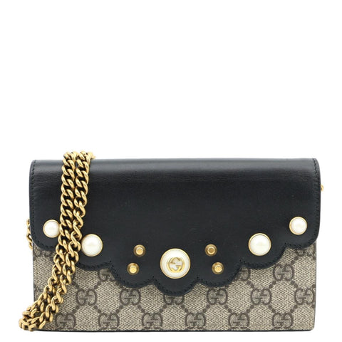 GUCCI Peony Pearly Mini GG Supreme Canvas Wallet on Chain Beige 431478
