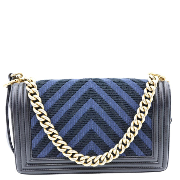 CHANEL Boy Old Medium Braided Chevron Cording Leather Crossbody Bag Navy Blue