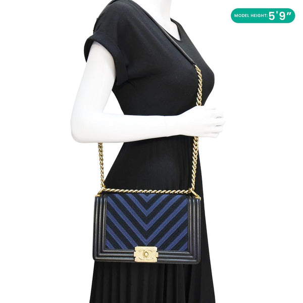 CHANEL Boy Old Medium Braided Chevron Cording Leather Crossbody Bag Navy Blue