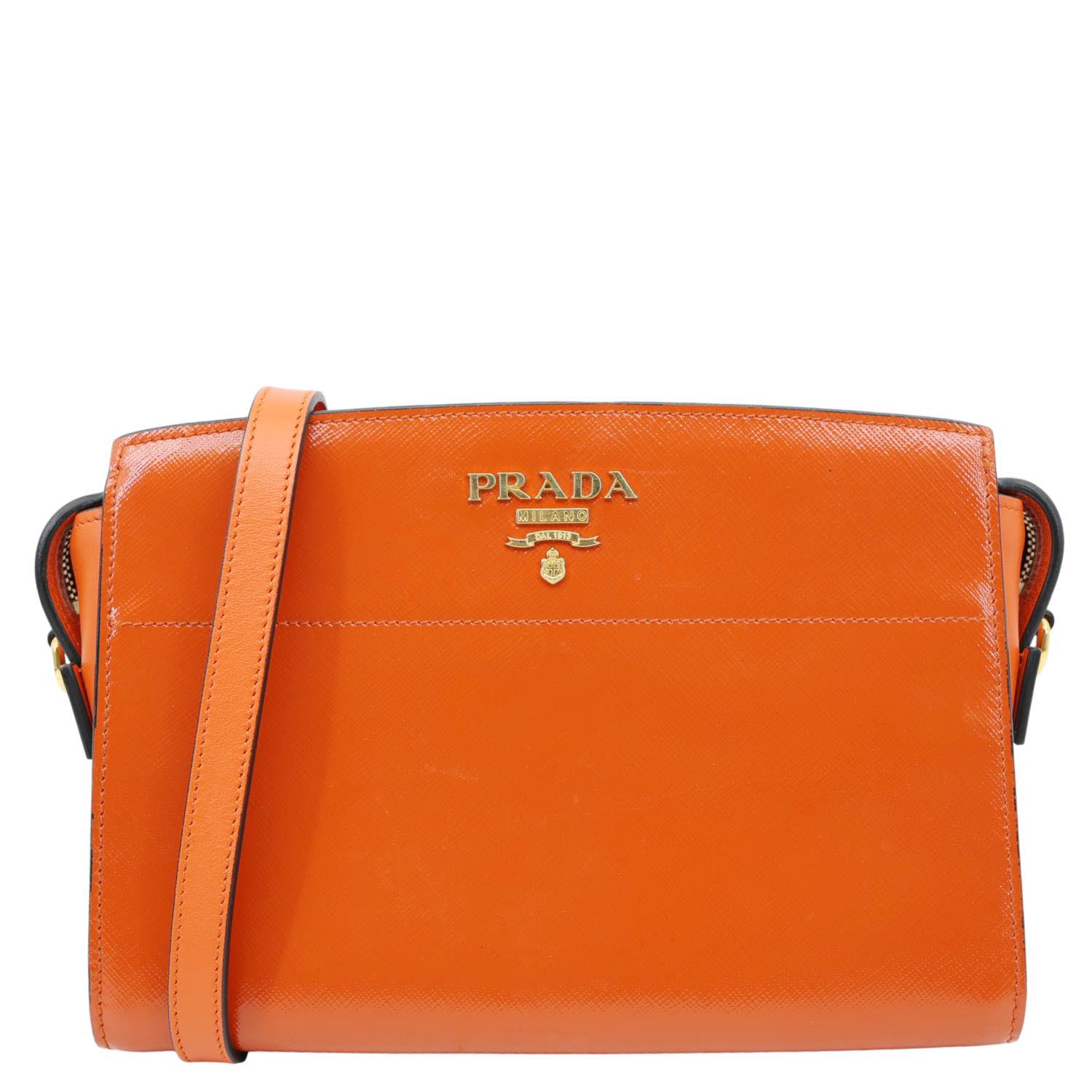 PRADA Esplanade Saffiano Vernice Leather Crossbody Bag Orange