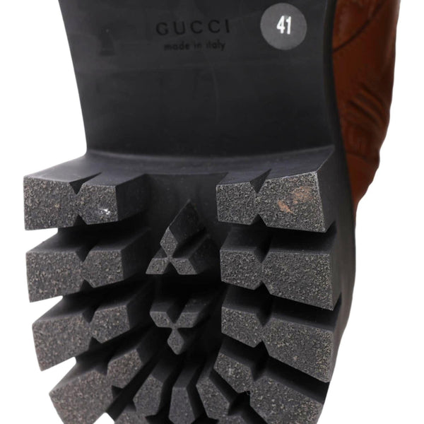 GUCCI Lace Up 60mm GG Matelasse Lux Nappa Leather Combat Boots Dark Brown 718386