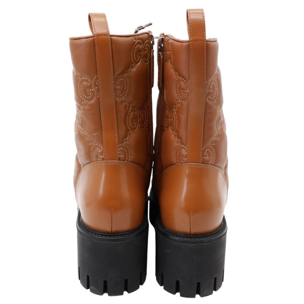 GUCCI Lace Up 60mm GG Matelasse Lux Nappa Leather Combat Boots Dark Brown 718386