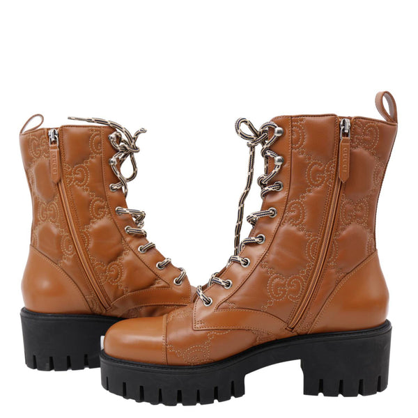 GUCCI Lace Up 60mm GG Matelasse Lux Nappa Leather Combat Boots Dark Brown 718386