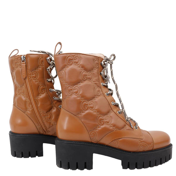 GUCCI Lace Up 60mm GG Matelasse Lux Nappa Leather Combat Boots Dark Brown 718386