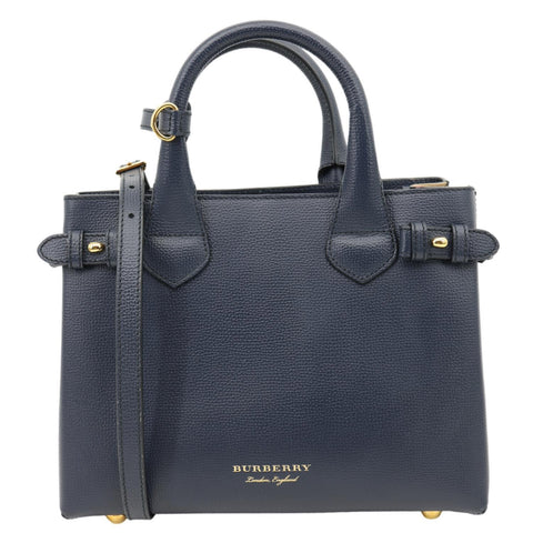 BURBERRY Banner Small House Check Leather Tote Bag Navy Blue