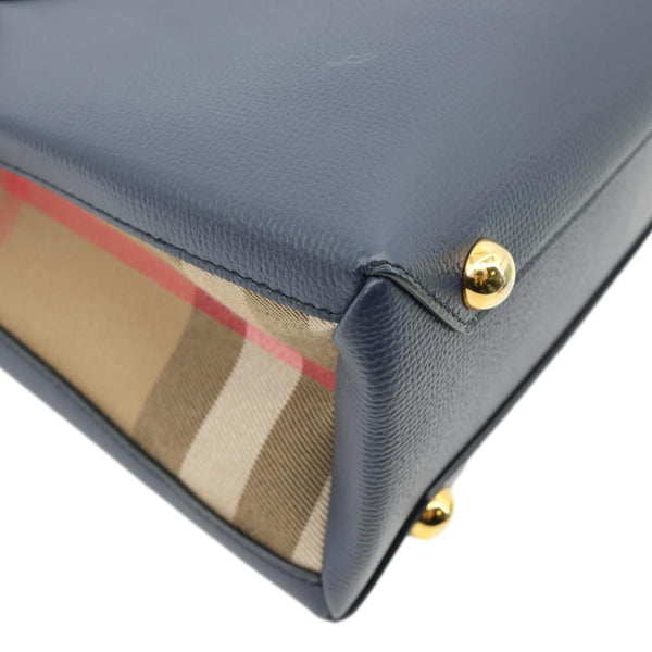 BURBERRY Banner Small House Check Leather Tote Bag Navy Blue