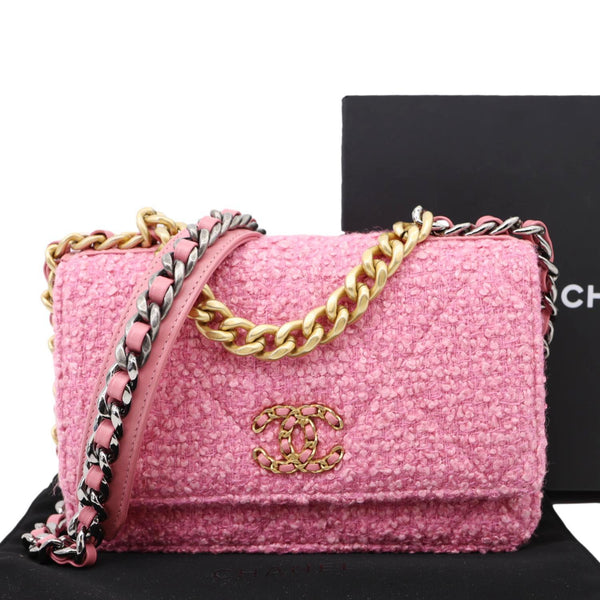 CHANEL 19 Flap Wool Tweed Wallet On Chain Shoulder Bag Pink