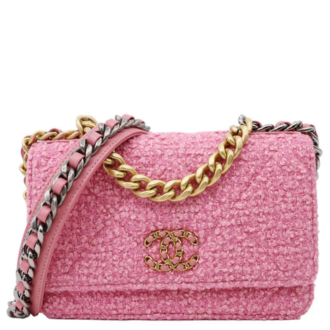 CHANEL 19 Flap Wool Tweed Wallet On Chain Shoulder Bag Pink
