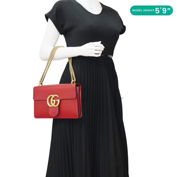 GUCCI GG Marmont Knight Medium Calfskin Leather Chain Shoulder Bag Red 431777