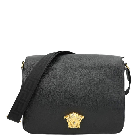 VERSACE Medusa Head Leather Messenger Bag Black