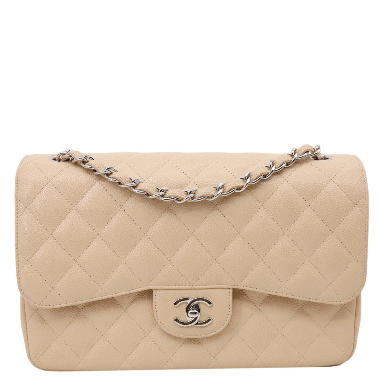CHANEL Jumbo Classic Double Flap Caviar Leather Shoulder Bag Cream