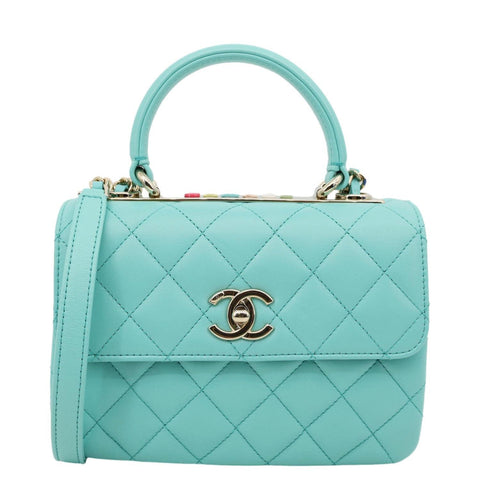 CHANEL Trendy CC Flap Mini Quilted Lambskin Top Handle Shoulder Bag Turquoise
