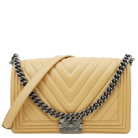 CHANEL Boy Flap Medium Chevron Calfskin Leather Chain Shoulder Bag Beige