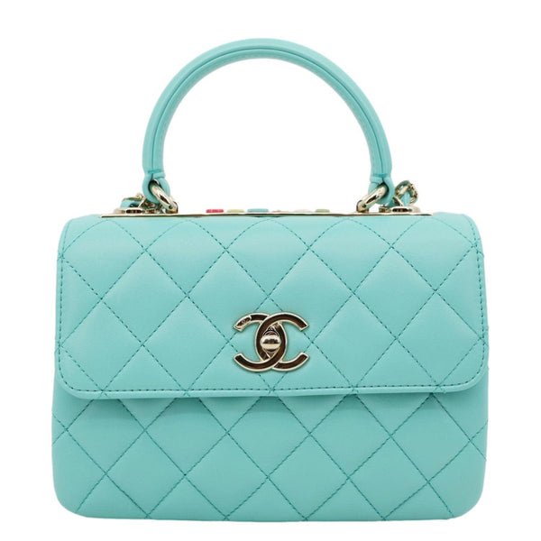 CHANEL Trendy CC Flap Mini Quilted Lambskin Top Handle Shoulder Bag Turquoise