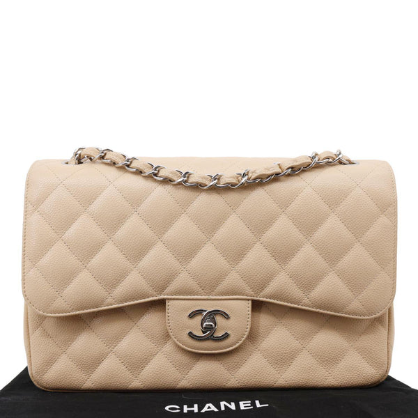 CHANEL Jumbo Classic Double Flap Caviar Leather Shoulder Bag Cream