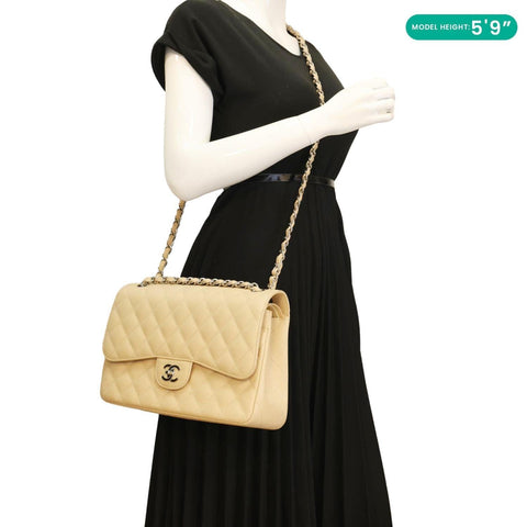 CHANEL Jumbo Classic Double Flap Caviar Leather Shoulder Bag Cream