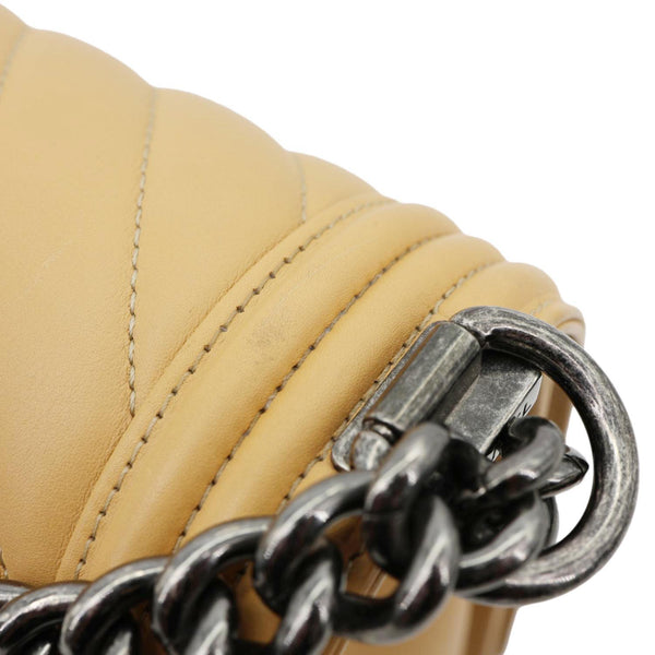 CHANEL Boy Flap Medium Chevron Calfskin Leather Chain Shoulder Bag Beige