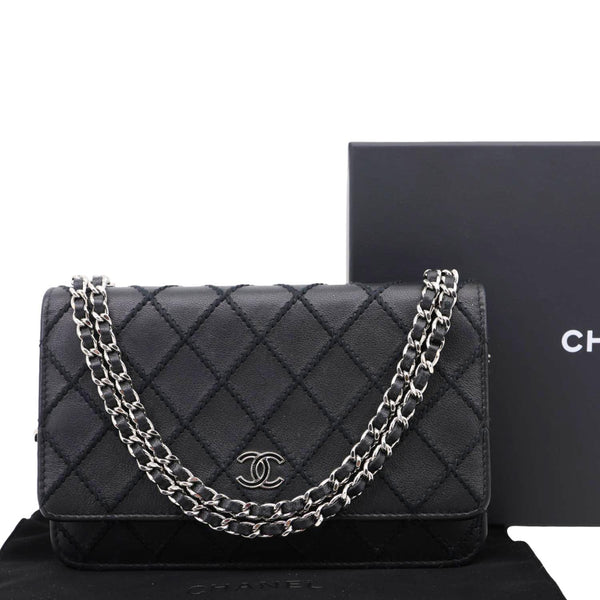 CHANEL Diamond Stitch Wallet On Chain Calfskin WOC Crossbody Bag Black