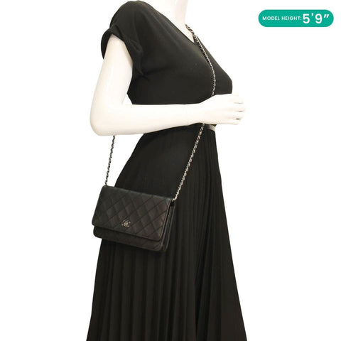 CHANEL Diamond Stitch Wallet On Chain Calfskin WOC Crossbody Bag Black
