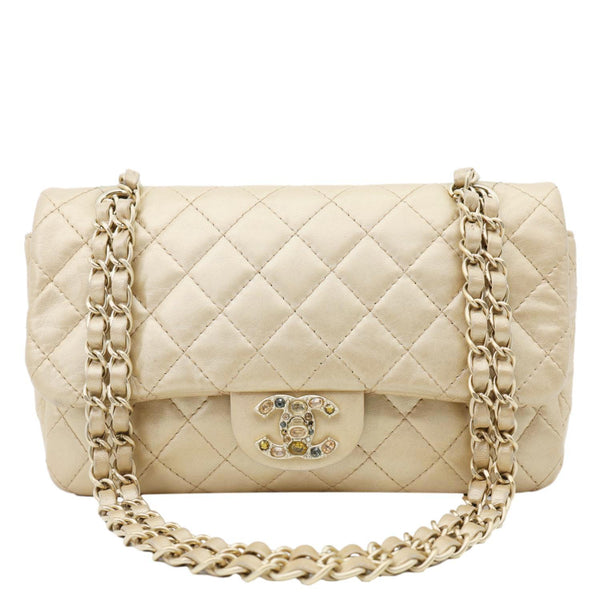 CHANEL Precious Jewel Single Flap Jumbo Leather Shoulder Bag Gold
