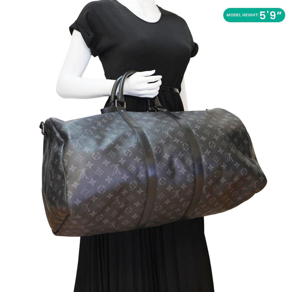 LOUIS VUITTON Keepall 55 Bandouliere Monogram Eclipse Travel Bag Black