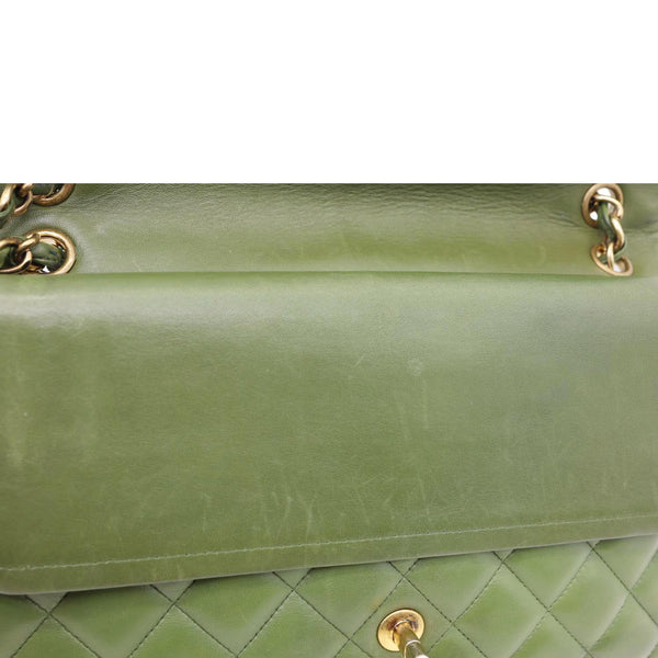 CHANEL Classic Jumbo Double Flap Quilted Lambskin Leather Shoulder Bag Green