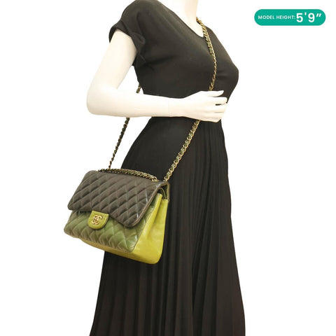 CHANEL Classic Jumbo Double Flap Quilted Lambskin Leather Shoulder Bag Green