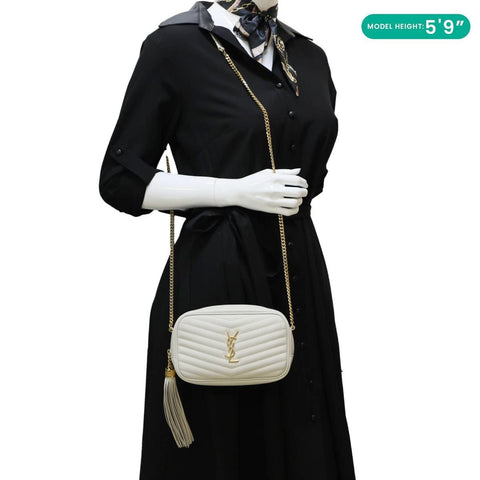 YVES SAINT LAURENT Lou Mini Chevron Leather Camera Crossbody Bag White