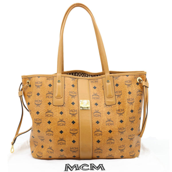 MCM Reversible Liz Medium Visetos Canvas Shopper Tote Bag Cognac