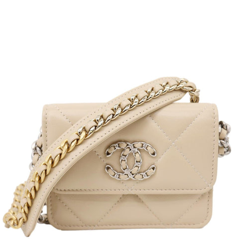 CHANEL 19 Flap Coin Purse Quilted Leather Chain Shoulder Bag Cream