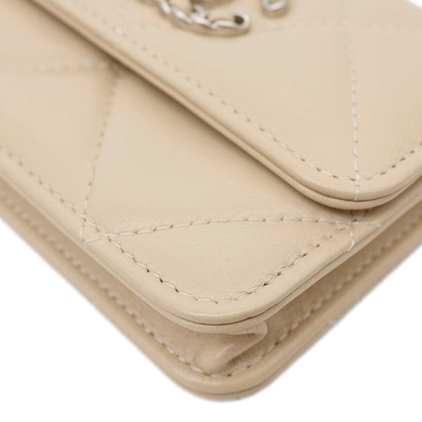 CHANEL 19 Flap Coin Purse Quilted Leather Chain Shoulder Bag Cream
