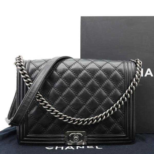 CHANEL Boy New Medium Wild Stitch Leather Shoulder Bag Black