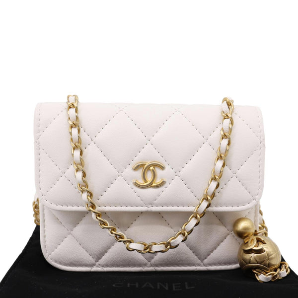CHANEL Pearl Crush Flap Quilted Lambskin Leather Clutch With Chain White