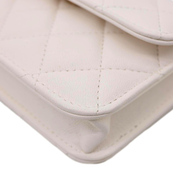 CHANEL Pearl Crush Flap Quilted Lambskin Leather Clutch With Chain White