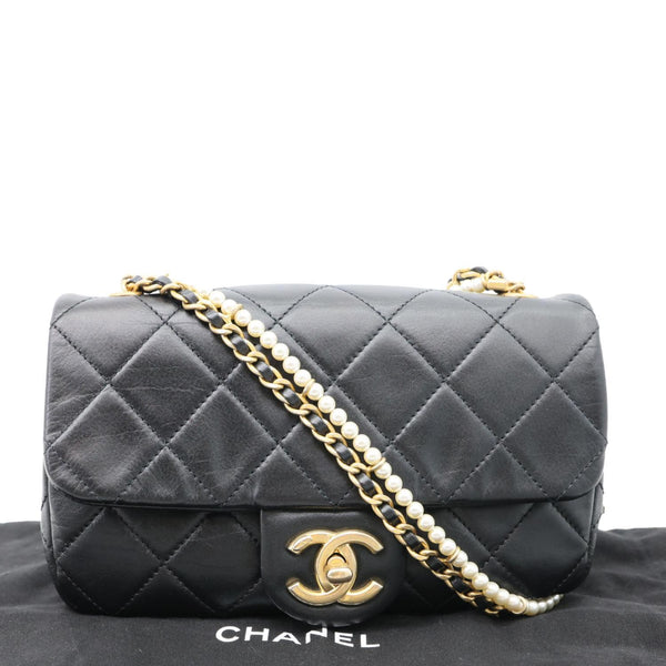 CHANEL Crystal Pearls Rectangular Flap Mini Quilted Leather Chain Crossbody Bag Black