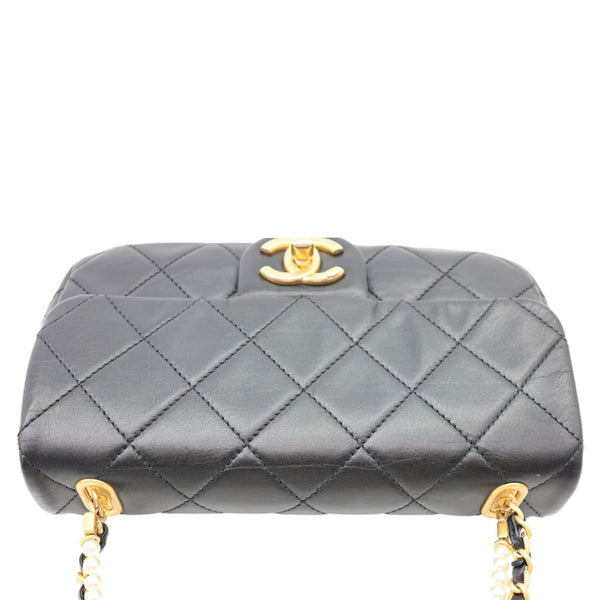 CHANEL Crystal Pearls Rectangular Flap Mini Quilted Leather Chain Crossbody Bag Black